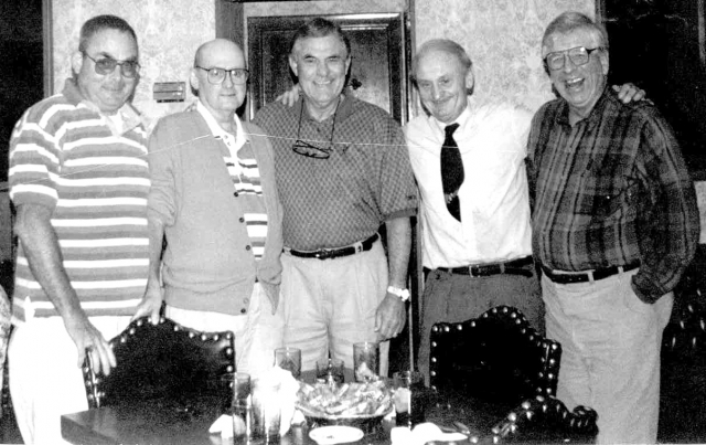 Members of the class of 1953
L to R: Don Bullard, Charlie Weaver (when he could still stand), Tom Sheets, Nick Kroustalis, and Floyd Fanjoy. 1990 in Nicks Carriage House Restaurant
